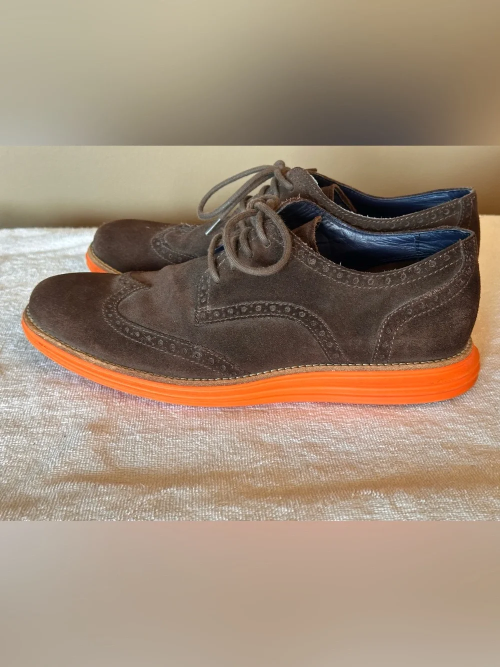 Cole Haan LunarGrand Suede Wingtip Oxford Shoes Brown Orange Sole Men’s Size 9.5